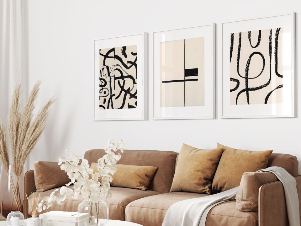 Abstract Black Line Art 3'lü Çerçevesiz Poster