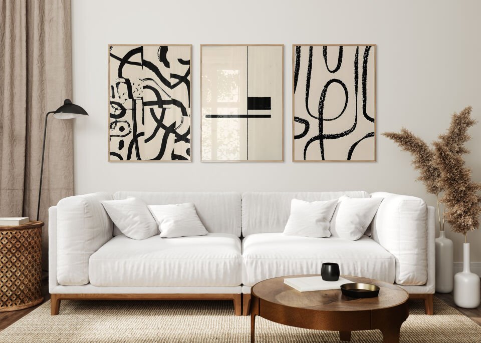 Abstract Black Line Art 3'lü Çerçevesiz Poster