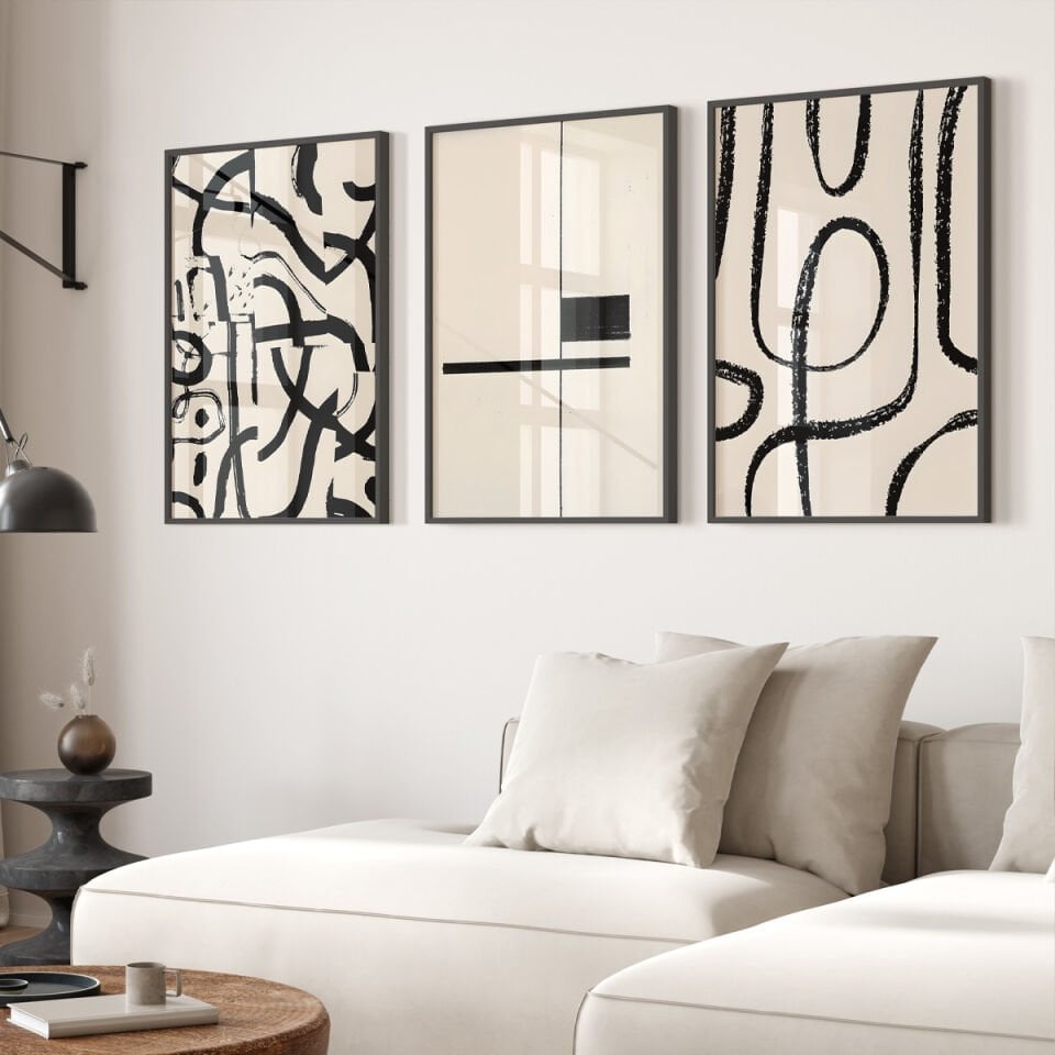 Abstract Black Line Art 3'lü Çerçevesiz Poster
