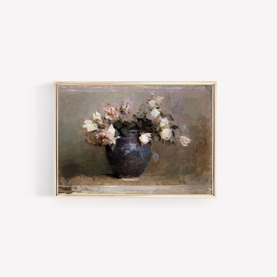 Soft Roses in Blue Vase Çerçevesiz Poster
