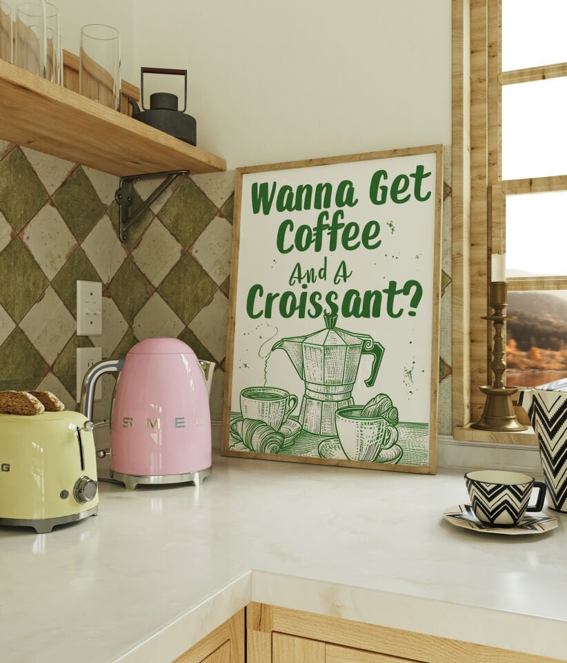 Coffee and a Croissant yeşil Çerçevesiz Poster