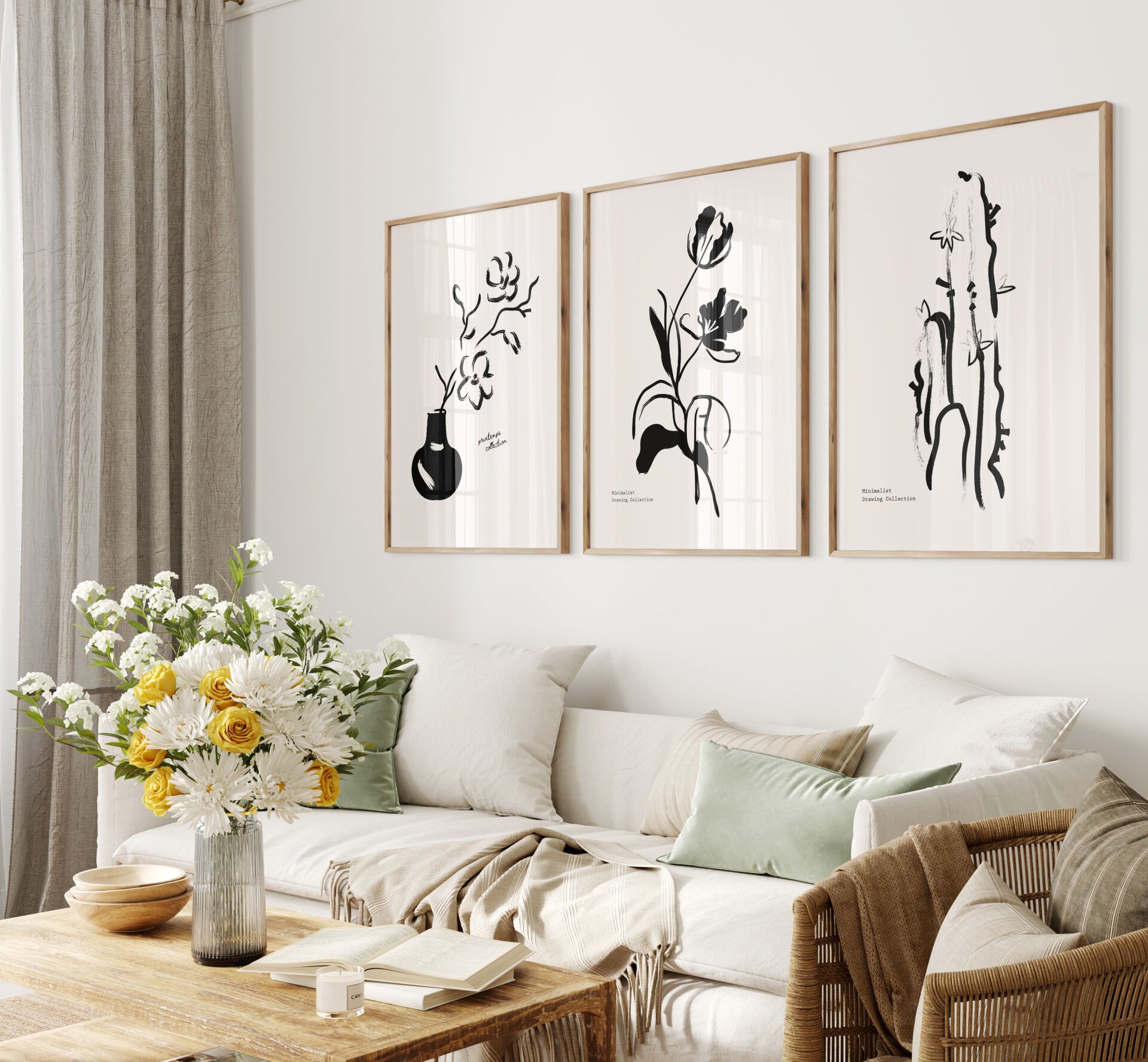 Floral Line Art 3’lü Çerçevesiz Poster